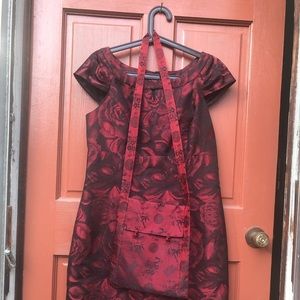 Cap sleeve red dress with purse ensemble